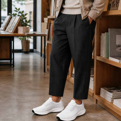 White knit trainers worn during a long day in a bookshop