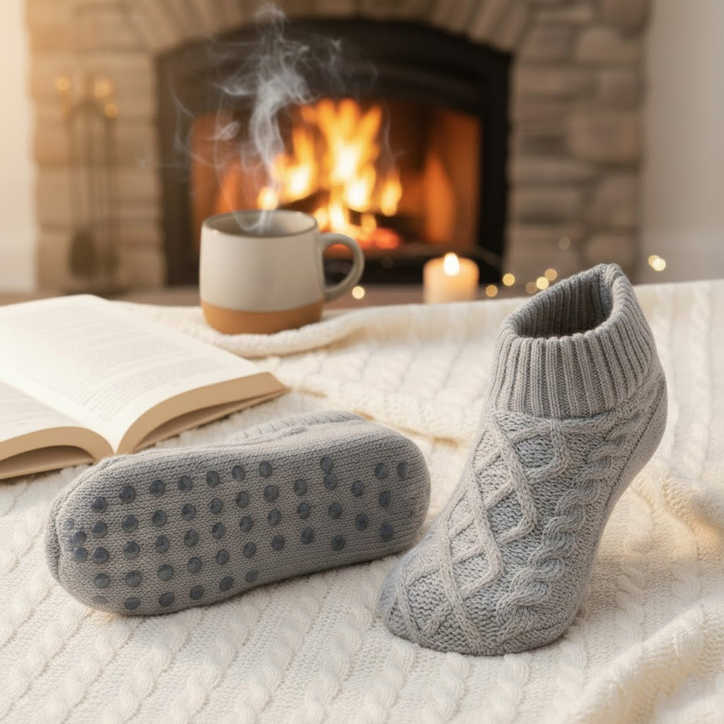Auldweave women's knitted non-slip indoor slippers – grey pair showing sole grips beside a fireplace