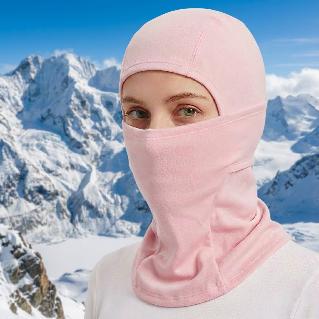 Thermal winter balaclava – pink balaclava worn in snow