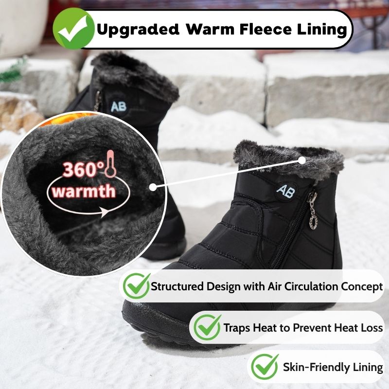Black winter boot with a close-up of the fleece lining