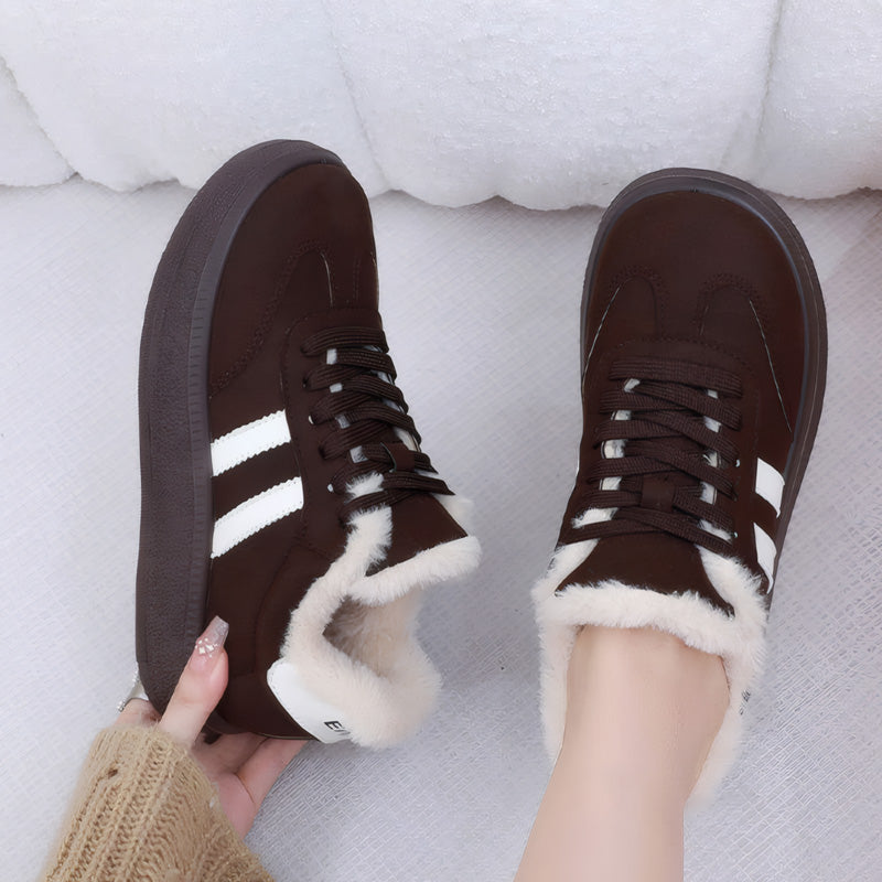 Auldweave women's fleece-lined suede trainers – dark brown pair viewed from above