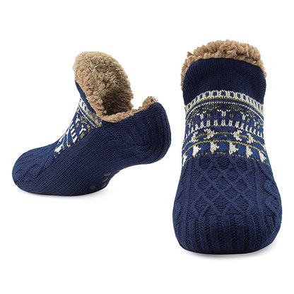 Auldweave warm fleece-lined non-slip slipper socks – navy pair with knitted pattern and plush cuffs