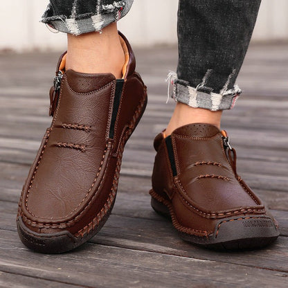 Men's wide fit, cushioned comfort, leather look ankle boots with everyday walking
