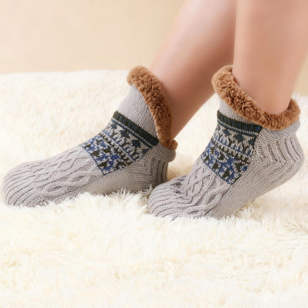 Auldweave warm fleece-lined slipper socks – grey pair worn on a soft rug