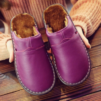 Auldweave warm wide fit leather slippers – purple pair showing warm lining