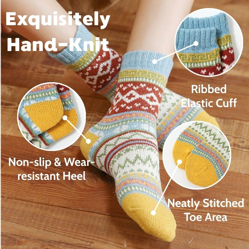 Five-pair Nordic-pattern winter socks – elastic cuff heel and toe details