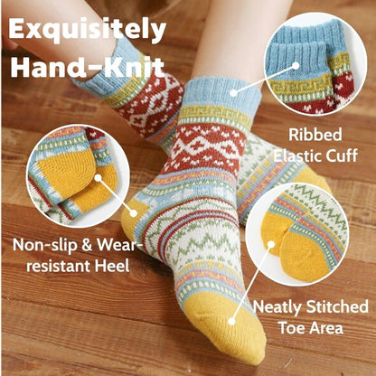 Five-pair Nordic-pattern winter socks – elastic cuff heel and toe details