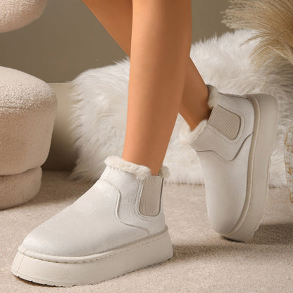 Plush-lined platform ankle boots – cream pair side view on feet