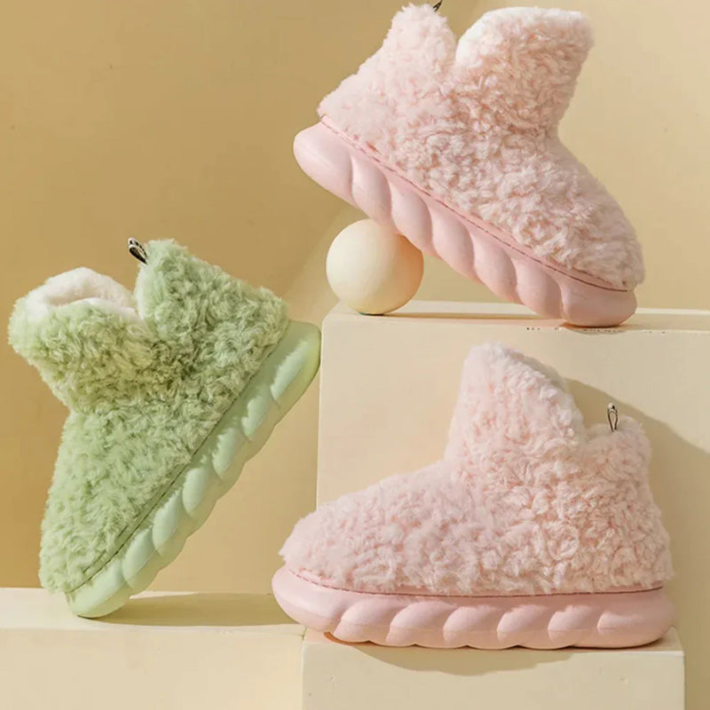 Plush fleece ankle slippers – pink and green colour comparison