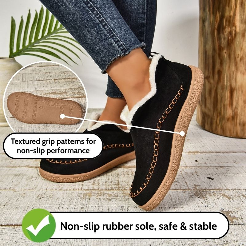 Auldweave women's fleece-lined winter slip-on shoes – black shoes with anti-slip sole feature