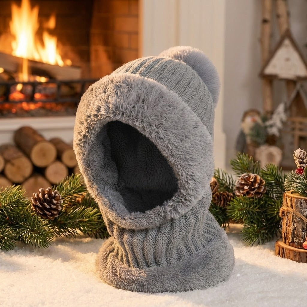 Three-in-one fleece-lined winter hood – grey hood beside a fireplace