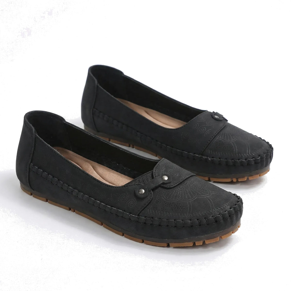 Women's black loafers, product view