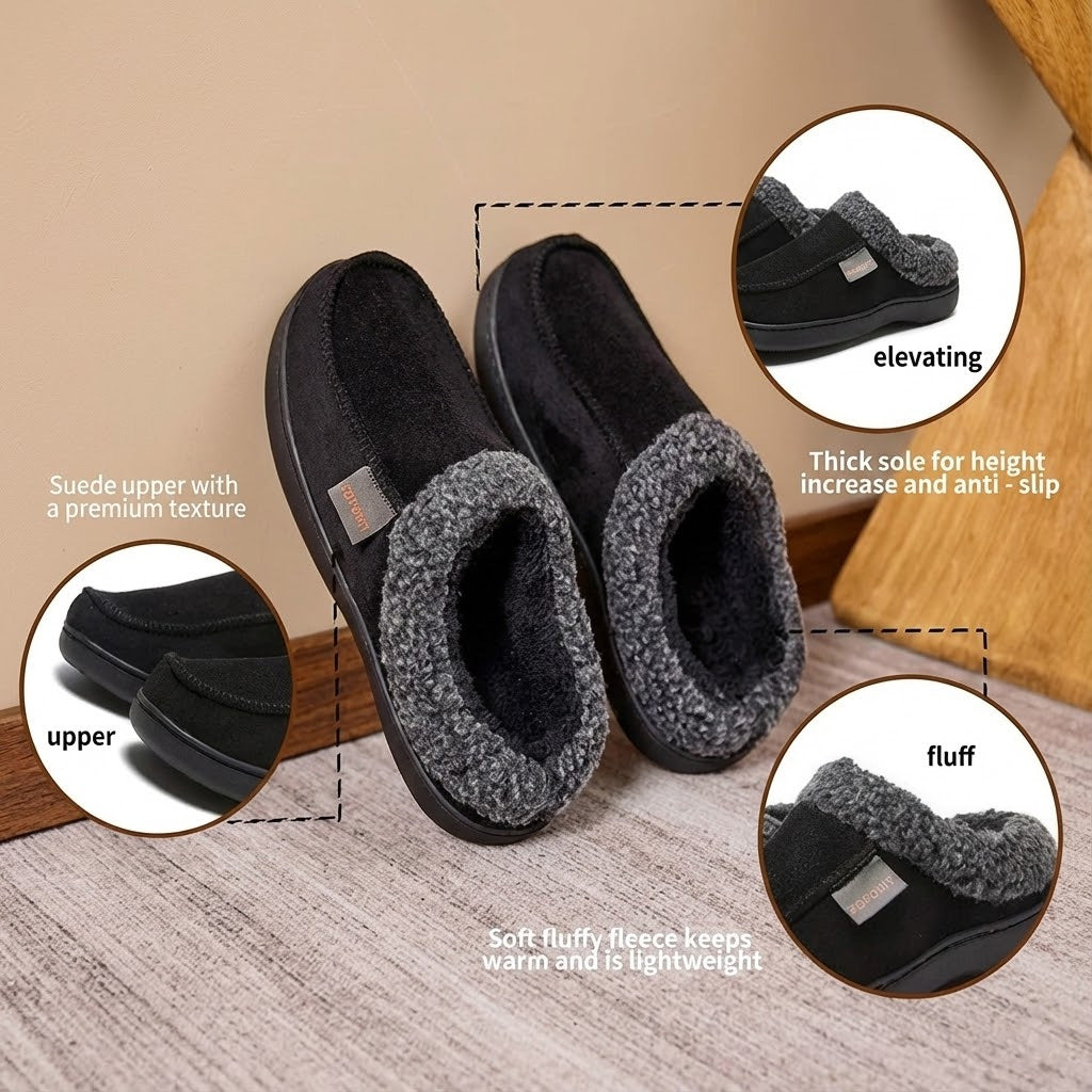 Auldweave Men’s warm wide fit winter slippers. Black slippers with grey fluffy interior on a wooden floor, featuring text descriptions of features.