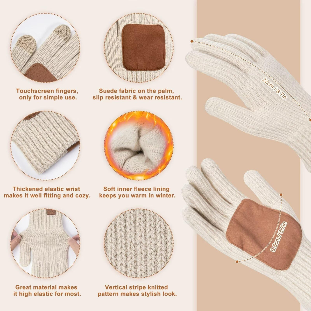Winter hat scarf and glove set – touchscreen gloves and palm patch details