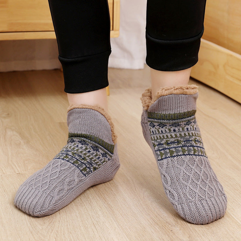 Auldweave unisex ultra-warm fleece-lined slipper socks – grey pair worn indoors
