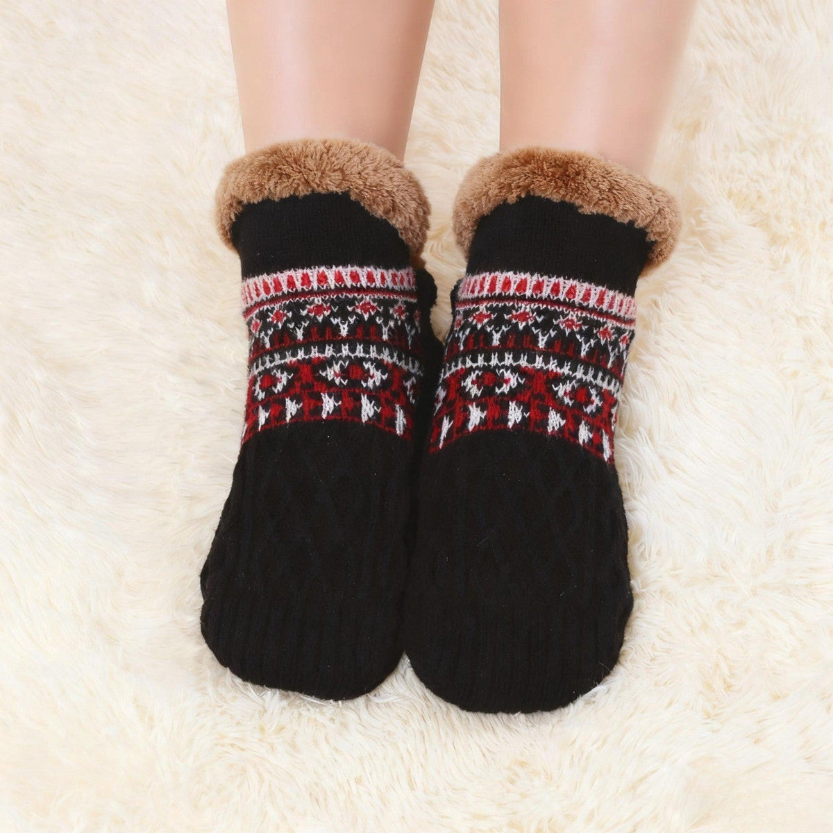 Auldweave warm fleece-lined slipper socks – black pair worn from the front