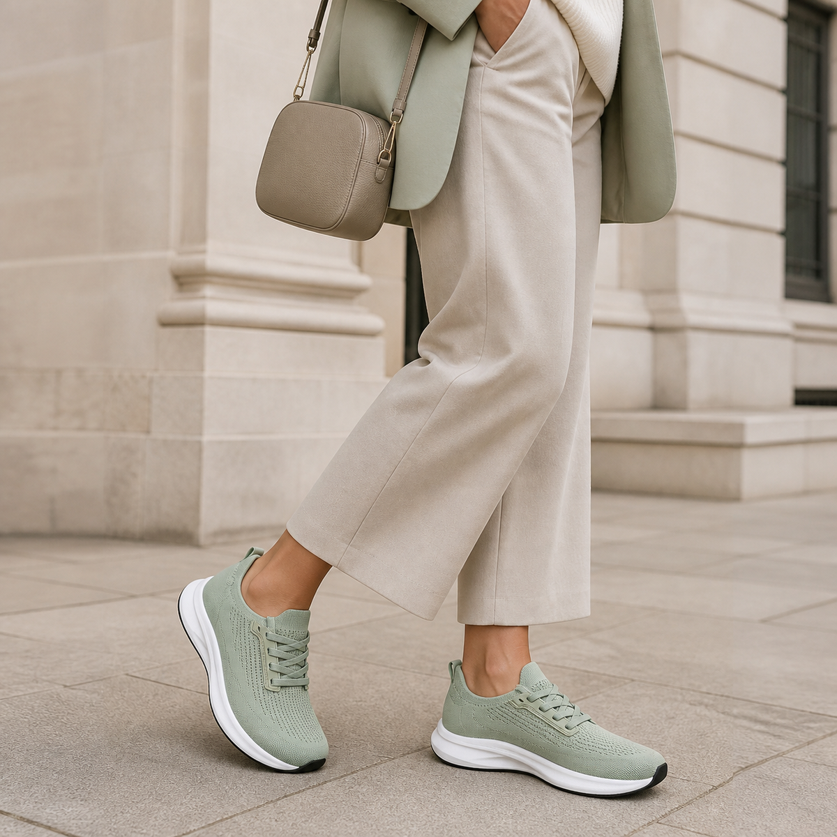 Sage green work trainers styled with cream city tailoring