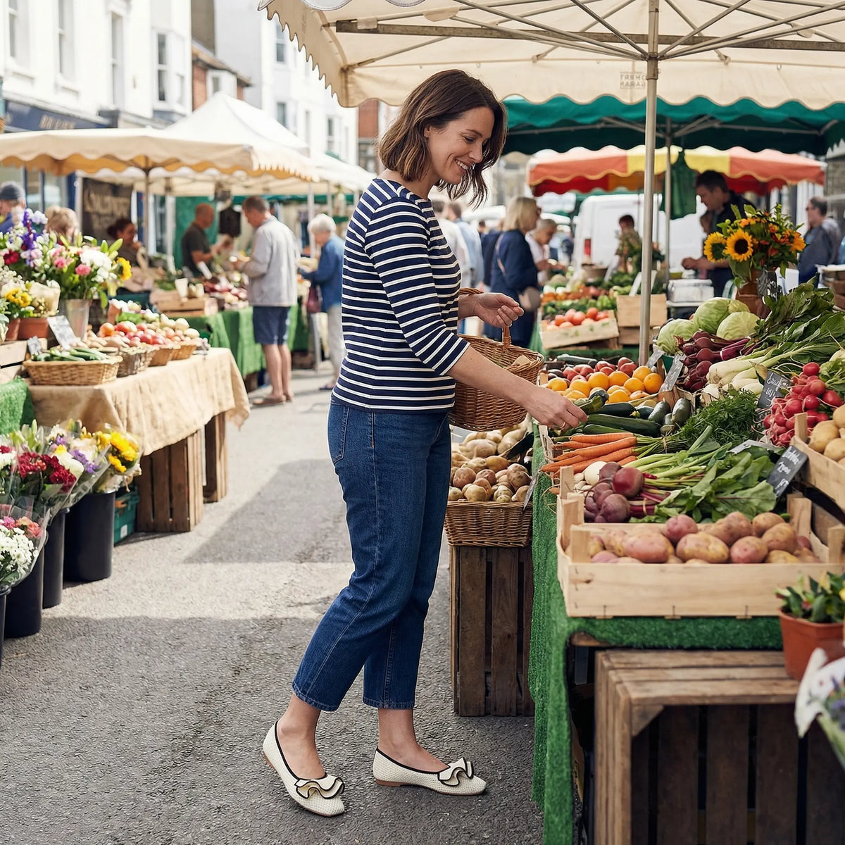 Women's knit slip-on flats worn in a lifestyle setting