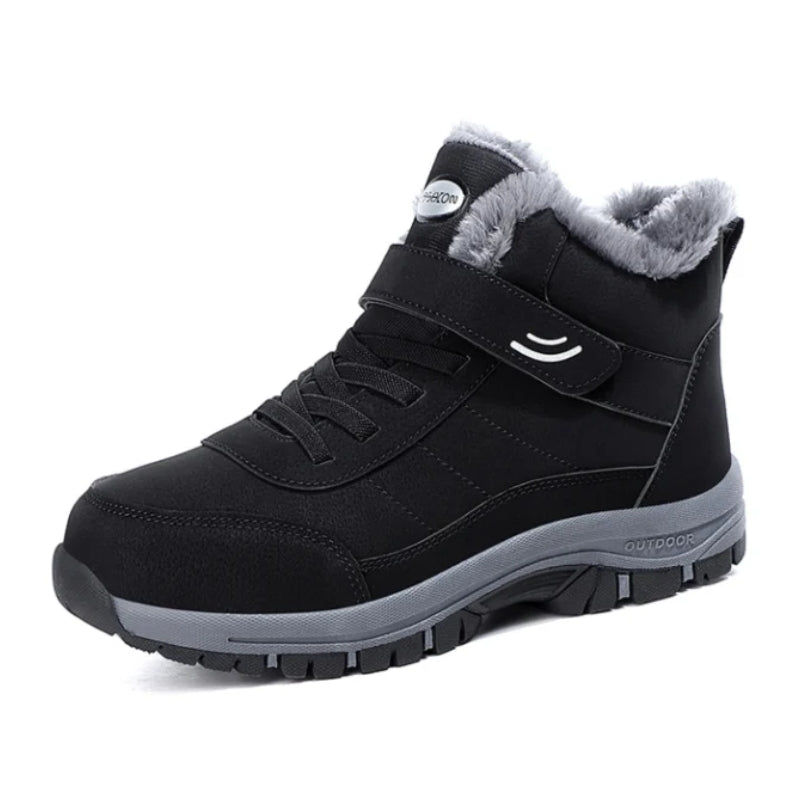 Black winter boot with a fleece collar and hook-and-loop ankle strap
