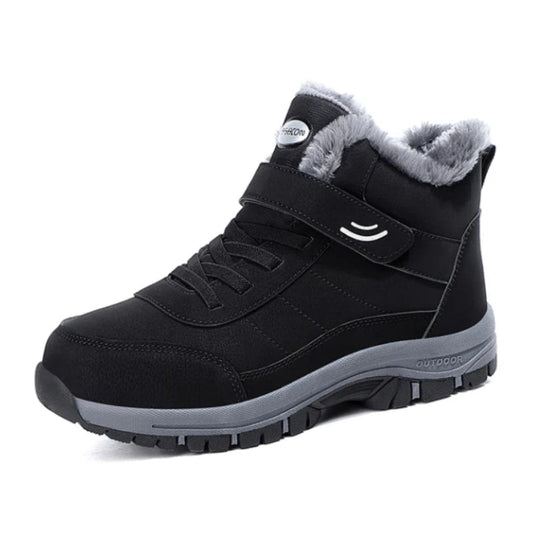 Black winter boot with a fleece collar and hook-and-loop ankle strap