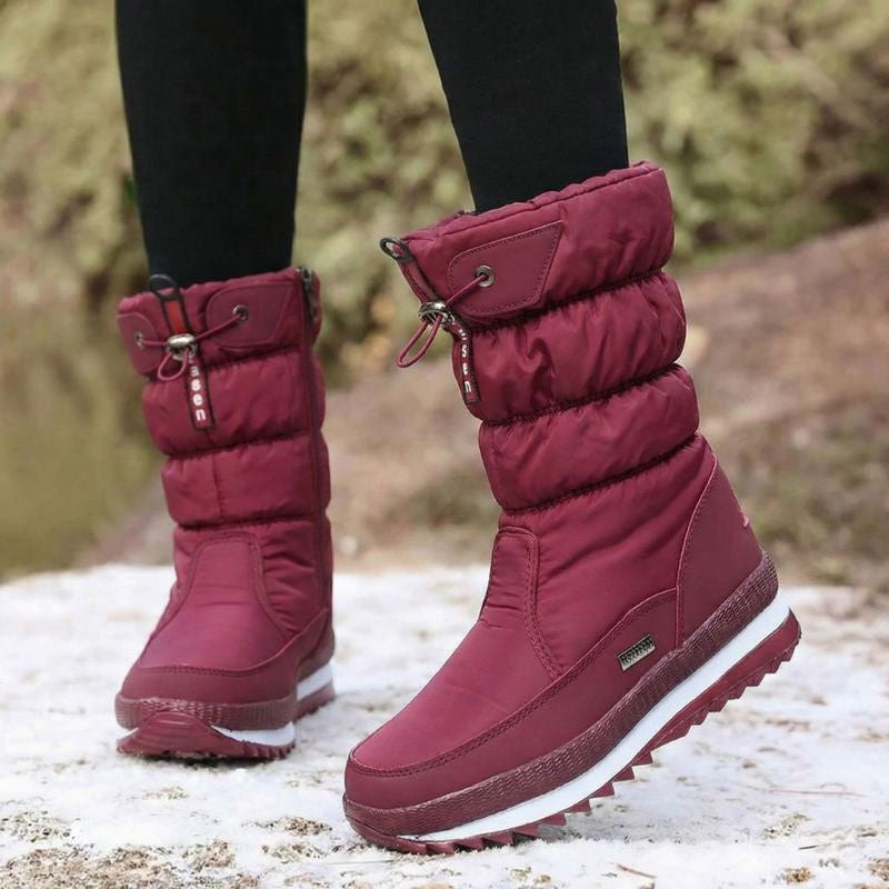 Auldweave women's waterproof mid-calf snow boots – burgundy boots worn in snow