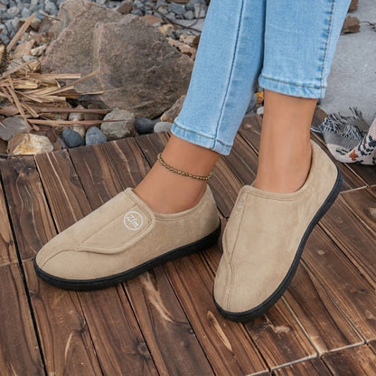 Auldweave women's adjustable wide fit slippers – beige slippers worn outdoors
