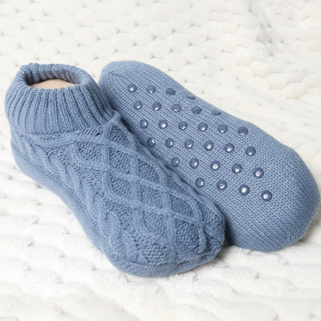 Auldweave women's knitted non-slip indoor slippers – light blue pair with non-slip sole detail