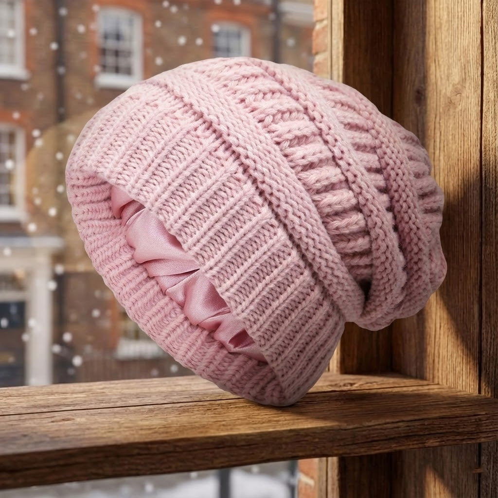 Cable-knit winter beanie – pink beanie on a wooden stool