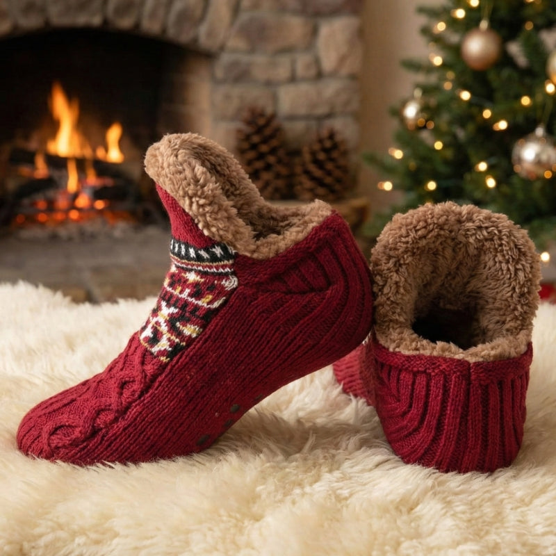 Auldweave warm fleece-lined non-slip slipper socks – burgundy pair beside a fireplace