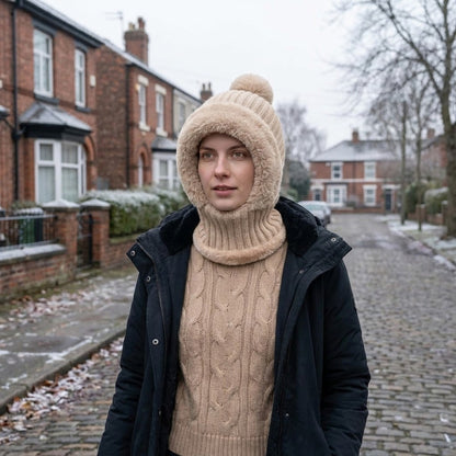 Three-in-one fleece-lined winter hood – khaki hood worn on a winter street