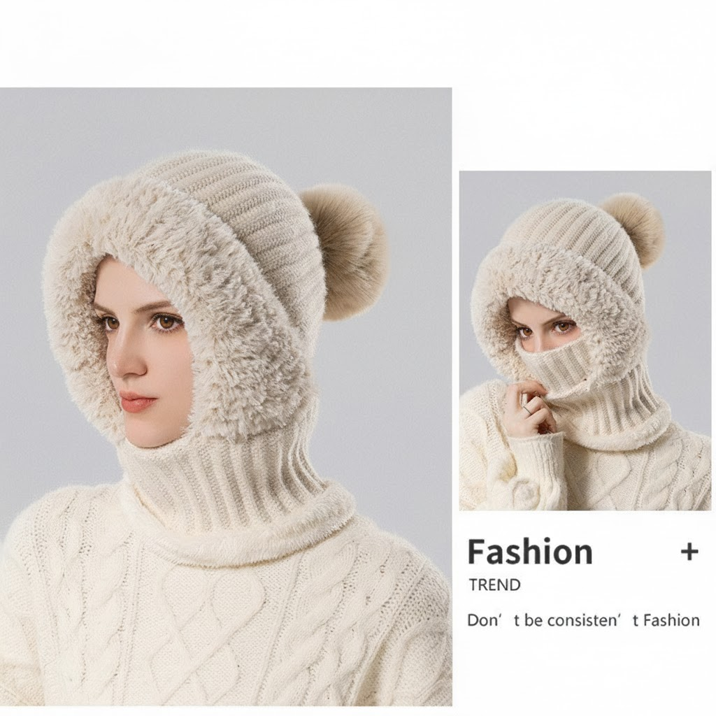 Three-in-one fleece-lined winter hood – beige hood with adjustable face coverage