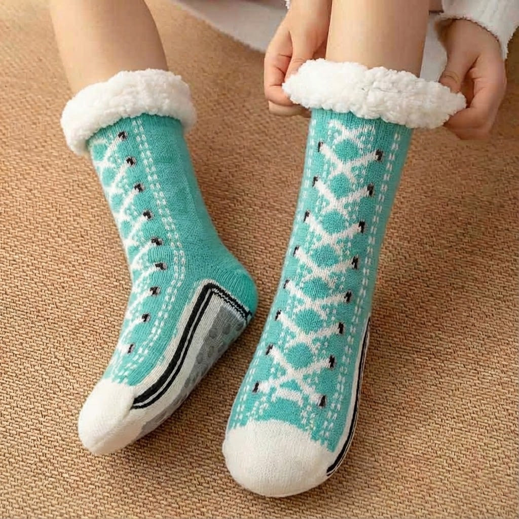 Fleece-lined sneaker-style slipper socks – turquoise pair with fleece cuffs