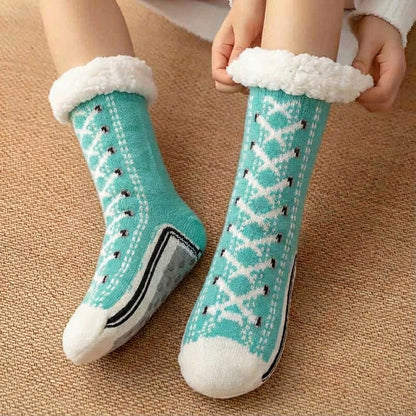Fleece-lined sneaker-style slipper socks – turquoise pair with fleece cuffs