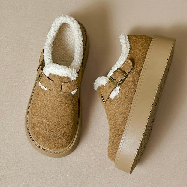 Auldweave women's fleece-lined platform Mary Jane shoes – olive pair viewed from above