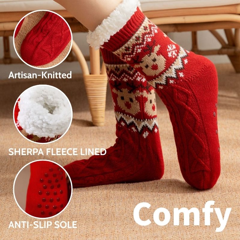 Christmas fleece-lined slipper socks – red knit, fleece and grip details