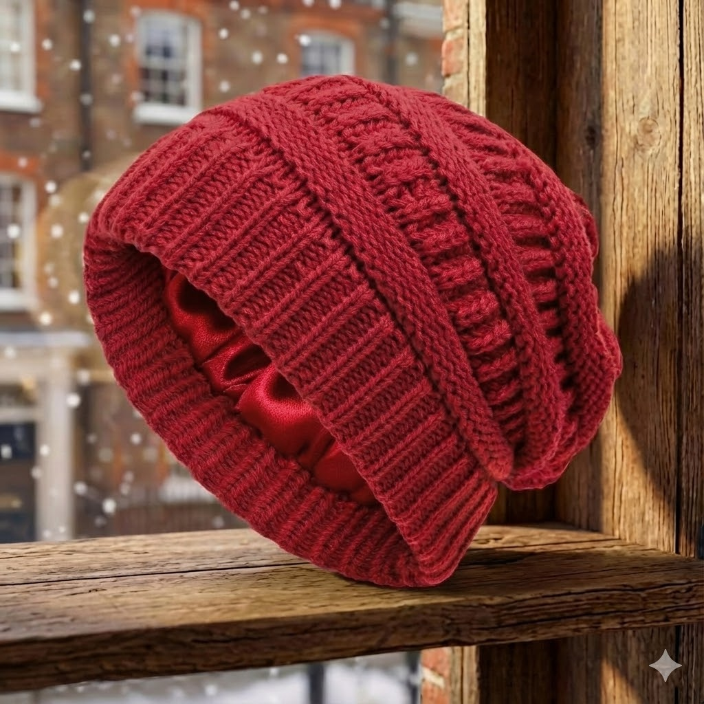 Cable-knit winter beanie – burgundy beanie on a wooden stool
