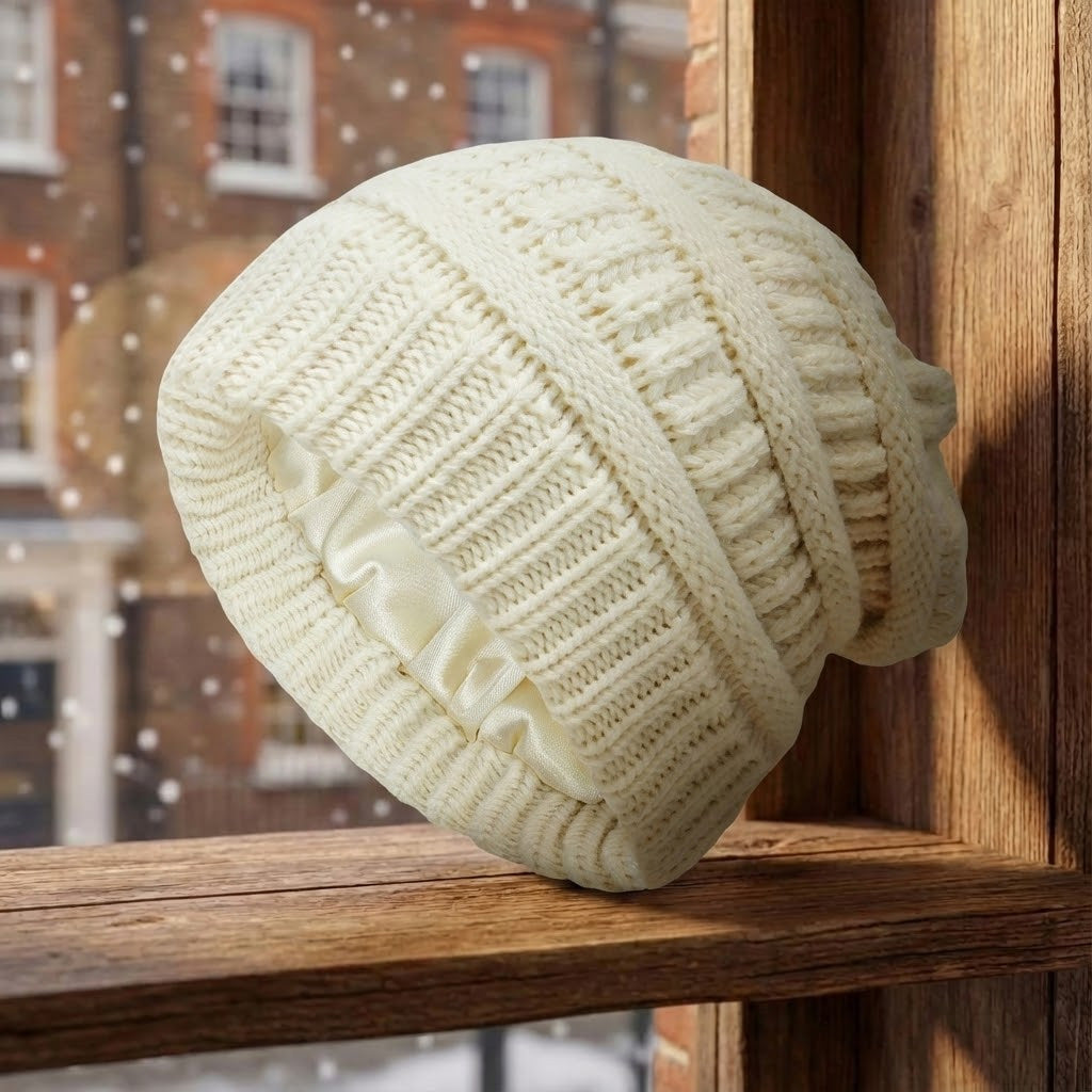 Cable-knit winter beanie – white beanie on a wooden stool