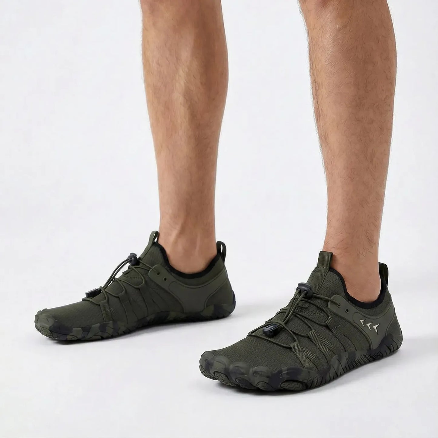 Forest green barefoot walking shoes worn with shorts, side view, view 23