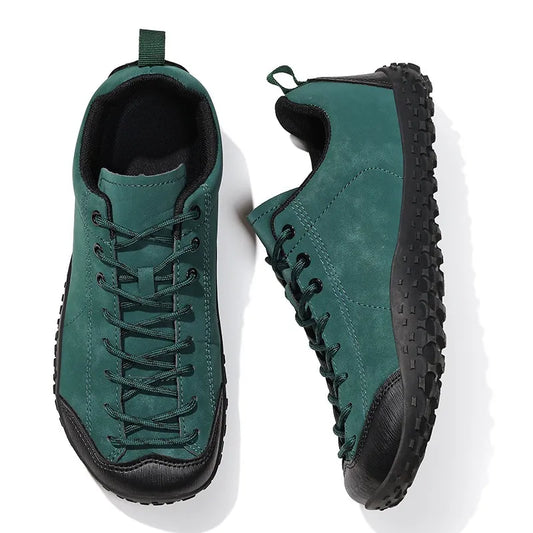 Pair of green wide toe walking trainers shown from above and the side
