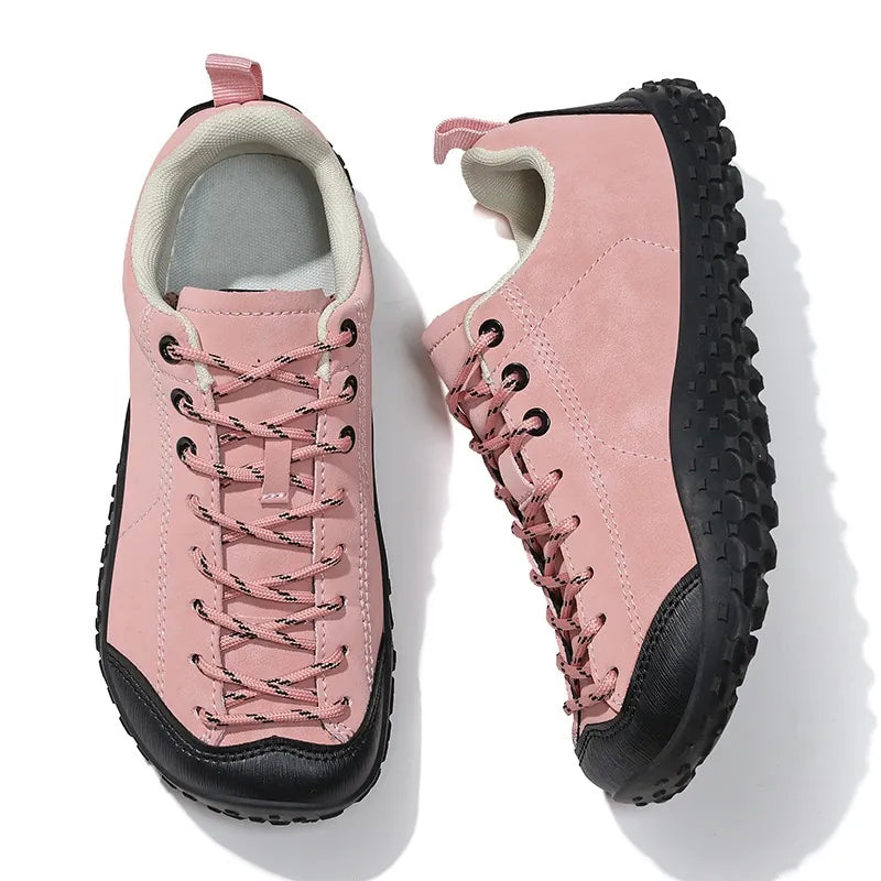 Pair of pink wide toe walking trainers shown from above and the side