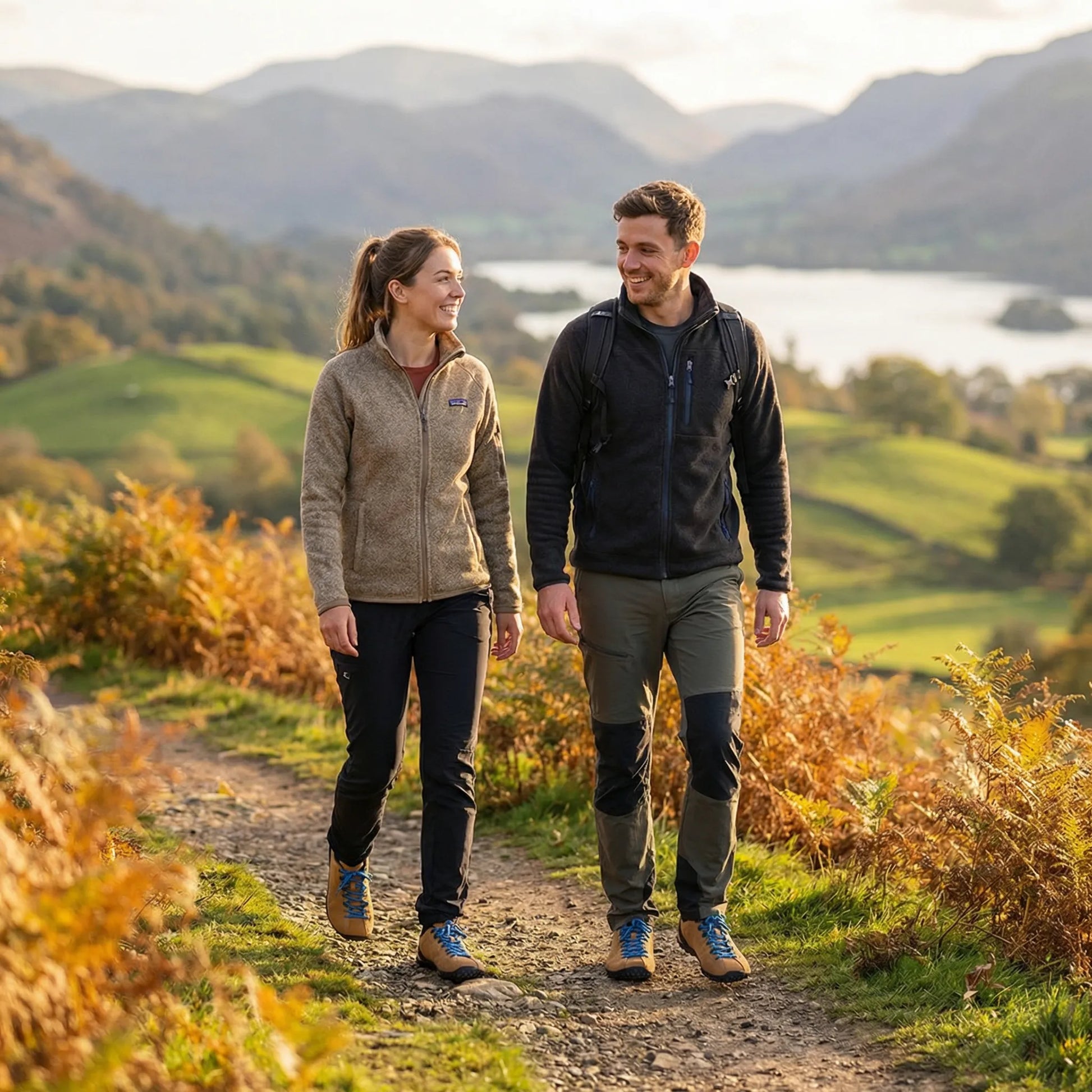 Couple wearing wide toe walking trainers on a countryside walk