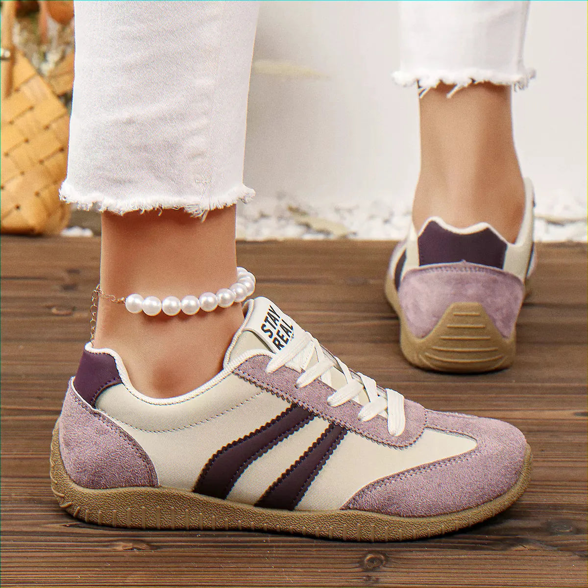 Lavender trainers for women, front and rear on-foot view