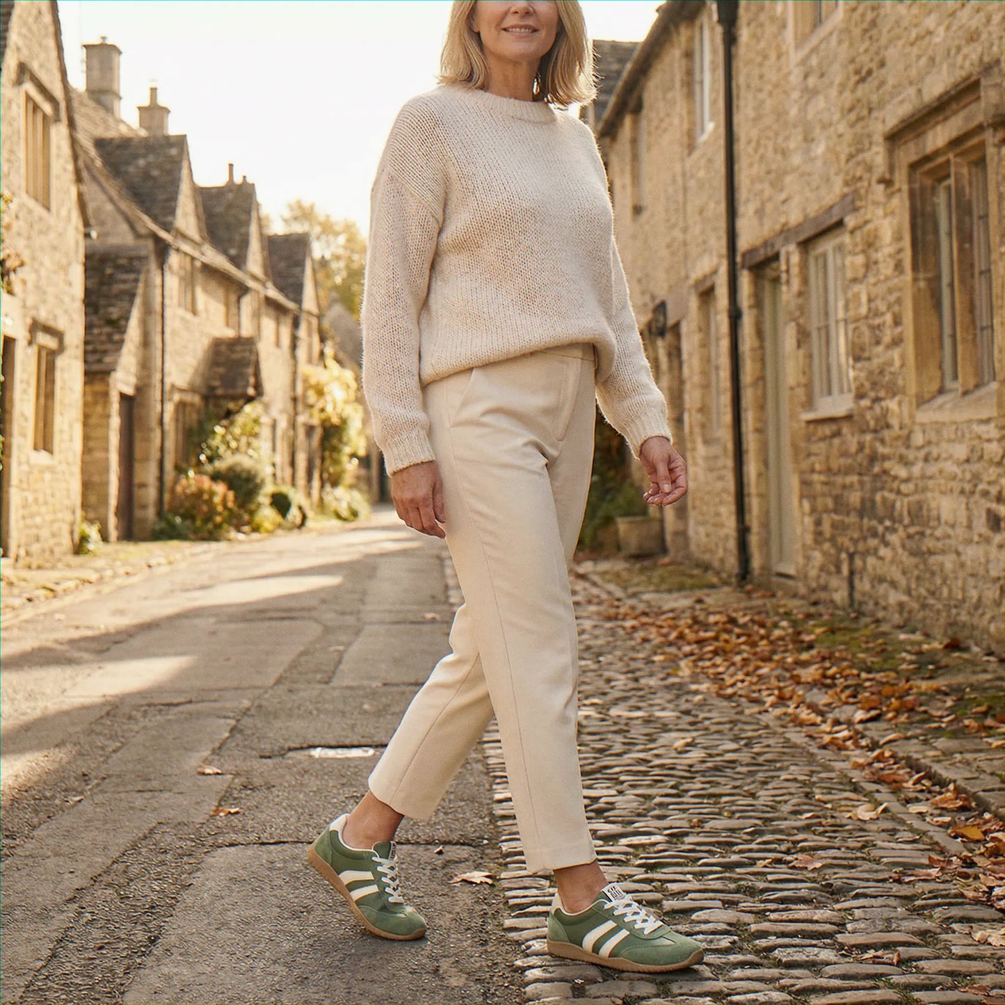 Woman wearing olive green trainers on a village street