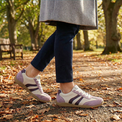 Lavender walking trainers, autumn path on-foot view