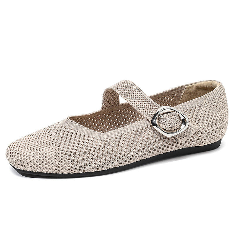 Beige women's wide fit Mary Jane flats with square toe, breathable knit upper and buckle strap