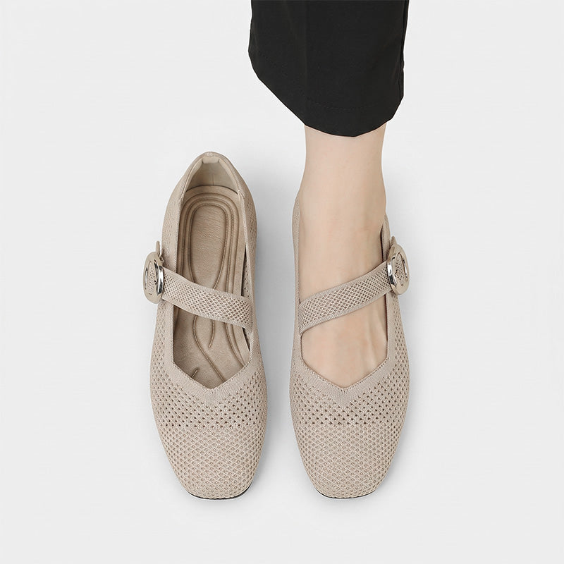 Top view of beige wide fit Mary Jane flats showing square toes and buckle straps