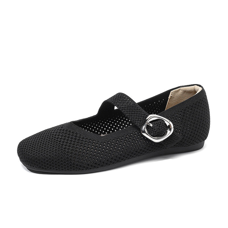 Black women's wide fit Mary Jane flat with square toe and breathable knit upper