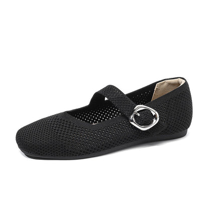 Black women's wide fit Mary Jane flat with square toe and breathable knit upper