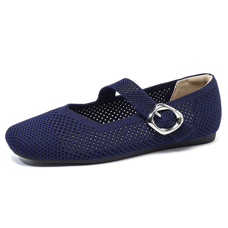 Navy women's Mary Jane flat with square toe, breathable knit upper and buckle strap