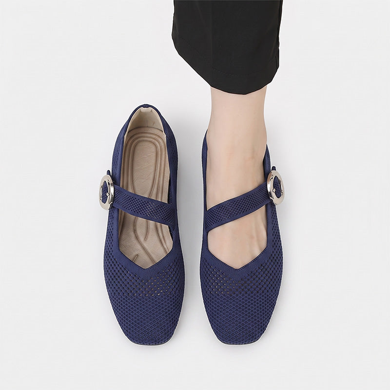 Top view of navy wide fit Mary Jane flats showing square toes and cushioned footbeds
